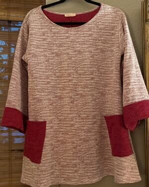 orange carmel knit shirt dress texture-blocking, front patch pockets Red Women M